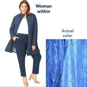 Woman within blue quilted zip up lightweight jacket with side pockets!